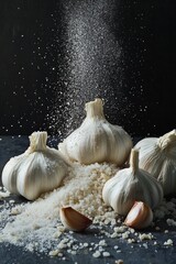 Wall Mural - Garlic bulbs and falling salt creating a rustic culinary scene