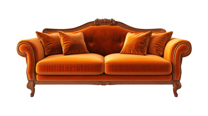 Aufkleber - Vintage orange velvet sofa featuring sturdy wooden frame, plush cushions, isolated on transparent background with precise clipping path