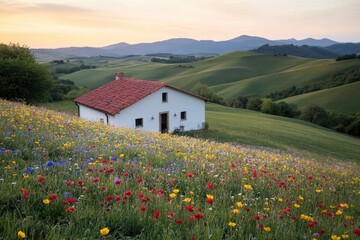 Wall Mural - Charming house nestled among vibrant wildflowers under serene su