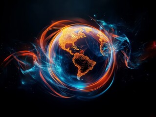 Canvas Print - An abstract globe is beautifully surrounded by vibrant energy lines in shades of orange and blue, all set against a deep dark background, which together creates a stunningly futuristic look