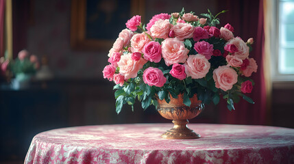 Elegant pink roses in antique vase on a table in a vintage room. Possible use Decorative, interior design