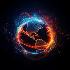 Poster - This dynamic digital design showcases an abstract representation of a globe, which is beautifully surrounded by vibrant energy lines in shades of orange and blue set against a deep, dark background
