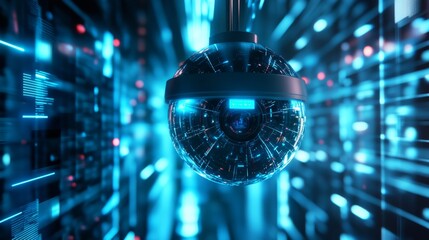 Poster - In a hightech future, a sleek surveillance dome camera hovers in a neon blue matrix, enhanced by holographic interfaces, creating an engaging cyberpunk aesthetic that captivates the imagination