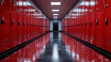 Red lockers line a school hallway, leading to a dark door;  education, back-to-school