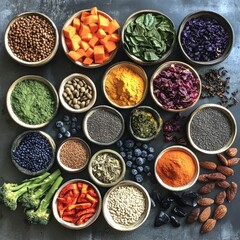 Wall Mural - Assorted healthy ingredients in bowls on dark surface