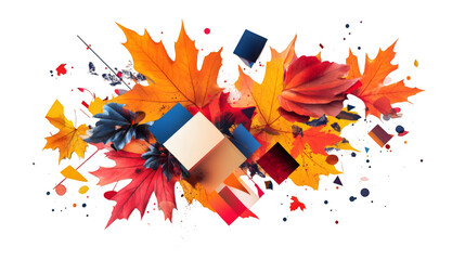 Aufkleber - Autumn leaves exploding with colorful geometric shapes on a transparent background, creating a vibrant and dynamic composition