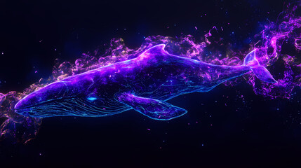 Wall Mural - A bioluminescent whale, rendered in vibrant purple and blue hues, swims in a dark, deep ocean. its form is subtly outlined with glowing light. Neon Cosmic Whales. Illustration