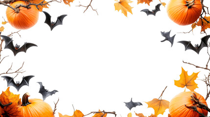 Poster - Festive Halloween border featuring carved pumpkins, flying bats, falling autumn leaves on transparent backdrop for seasonal graphic design