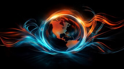 Poster - This striking digital design features a detailed globe surrounded by vibrant orange and blue energy lines, dramatically set against a dark background that enhances its visual appeal