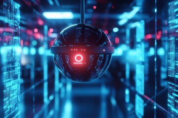 Poster - A sleek surveillance dome camera hovers in a cyberpunk space, surrounded by vibrant neon blue visuals and advanced holographic elements, enhancing its aesthetic and creating an immersive atmosphere