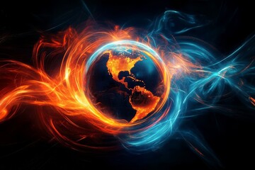 Canvas Print - An abstract artistic depiction of a globe enveloped by vivid and energetic orange and blue lines radiating outwards on a deep, dark background, creating a sense of a futuristic atmosphere