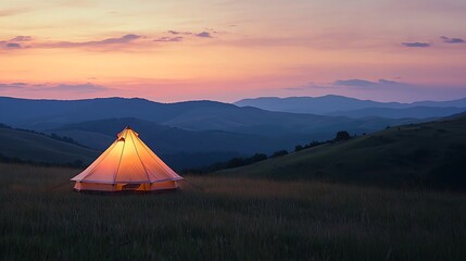 a softly glowing tent rests amidst gently rolling hills and distant mountains under a warm sunset sk