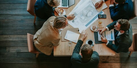 Poster - Top view of diverse group in meeting. Business meeting with laptops. Teamwork and collaboration in a business setting. Office meeting scene. Diverse business men and women meeting. Business meeting