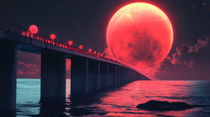 Wall Mural - Ethereal bridge with glowing red planets casting an otherworldly hue over dark water. Otherworldly Light Bridges. Illustration