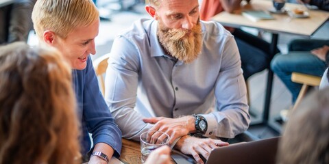 Poster - Group of people in a casual meeting at a cafe, discussing work. Focused on a laptop, sharing ideas. Collaborative atmosphere in a relaxed setting. Casual business team working on project at cafe.