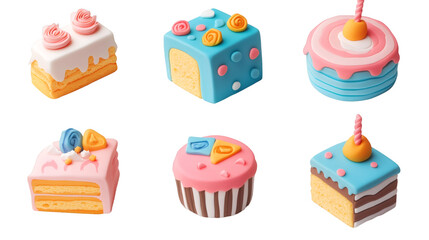Poster - Six colorful and decorated cakes floating on a transparent background, perfect for birthday or anniversary projects