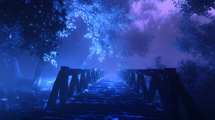 Wall Mural - Mystical blue light illuminates a wooden bridge gently leading through an eerie purple forest. ai generated. Otherworldly Light Bridges. Illustration