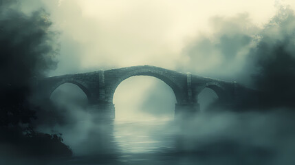 Wall Mural - Mystical stone bridge emerging from dense fog ancient architecture otherworldly atmosphere muted colors ethereal lighting. Otherworldly Light Bridges. Illustration