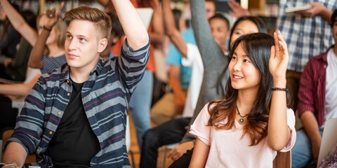 Poster - Diverse group of students in a library, raising hands to participate. Engaged students, mixed ethnicities, eager to learn, active participation. Diverse students in library, education concept.