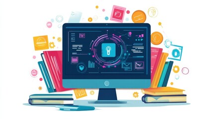 Poster - computer screen displaying a cybersecurity system with a central lock icon and floating data icons, 
