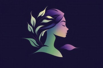 Wall Mural - elegant feminine logo design featuring flowing botanical silhouettes in gradient purple and green, minimalist sophistication