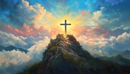 Wall Mural - A cross with clouds and rays of light behind it, symbolizing the spiritual significance of Easter, atop a mountain Generative AI