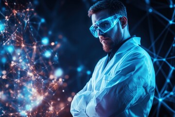 Poster - Scientist in lab coat analyzes data with digital visualizations in a modern laboratory setting