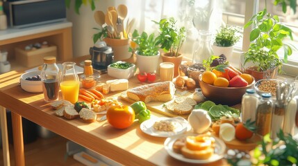 Wall Mural - Bright Morning Breakfast Table Filled with Healthy Fresh Food Delights