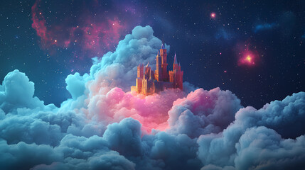 Wall Mural - Enchanted castle floating among dreamy clouds under a starry night sky with colorful celestial bodies illuminating the magical landscape. Floating Prism Landscapes. Illustration