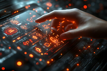 Poster - Futuristic interface, hand interacts with glowing display