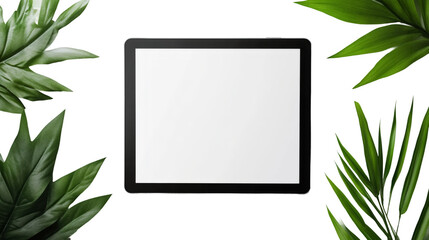 Poster - Modern device mockup with white screen and tropical leaves on transparent background, perfect for showcasing apps or websites