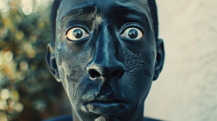 Wall Mural - Close-up portrait of a person with dark face paint, showcasing intense expression amidst a blurred natural background