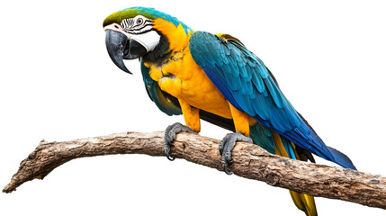 Poster - Colorful macaw resting on branch, displaying vivid blue, yellow, green plumage against transparent background