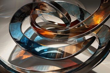 Poster - Abstract metal sculpture with swirling shapes reflecting light in a modern art setting during daytime