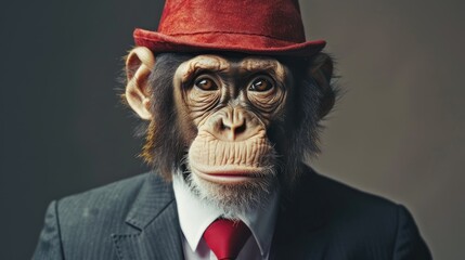 Wall Mural - A monkey in a red hat and suit, exuding a confident demeanor, set against a neutral background highlighting its attire