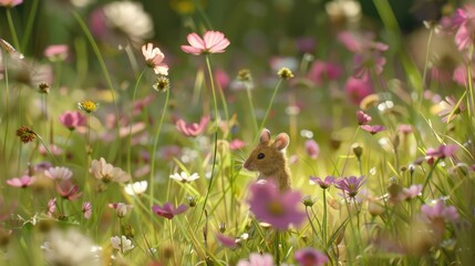 Canvas Print - A small brown rabbit peeks through a vibrant field of pink and white flowers, basking in warm sunlight