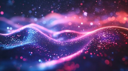 Poster - abstract neon light waves with sparkling particles in motion