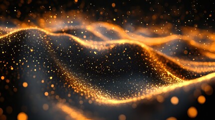 Poster - Abstract glowing waves of orange and gold dots on a dark background