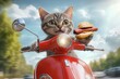 © alphaspirit - Funny gray cat delivering hot dog riding red scooter on a sunny day