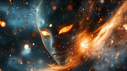 Wall Mural - mysterious masked figure blending seamlessly into a digital abstract background filled with glowing 