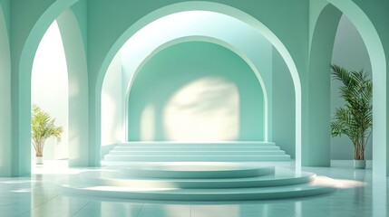 Poster - Minimalist empty podium scene in pastel mint green and soft light reflections 