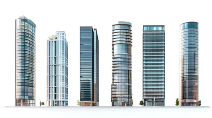 Canvas Print - Six contemporary skyscrapers isolated on transparent background, showcasing modern architecture and urban development