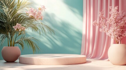 Poster - Modern empty podium with soft pastel teal and blush pink background 
