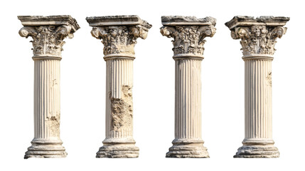 Poster - Weathered roman columns displaying architectural decay, varying structural integrity against transparent backdrop