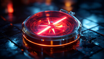 Poster - Glowing compass in dark environment.  Possible use  Conceptual image of navigation, decision-making