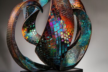 Poster - Abstract metal sculpture showcasing vibrant colors and intricate design in a modern gallery setting