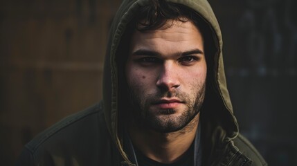 Wall Mural - A contemplative young man in a hooded jacket gazes intensely, set against an urban backdrop with muted tones