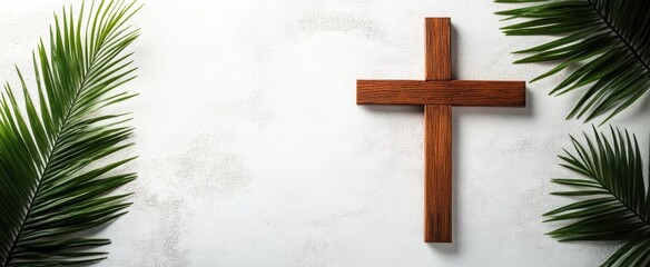 Wall Mural - Wooden cross and palm leaf on a white concrete background with copy space for the great holy season Generative AI