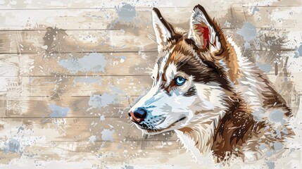 Wall Mural - Artistic illustration of a Siberian Husky with striking blue eyes against a textured wooden background