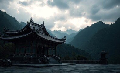 Peaceful scenery of an ornate east asian temple amidst a verdant mountain range: a portrayal of spiritual life East Asian china japan japanese asian korea korean taiwan east asia singapore singaporean